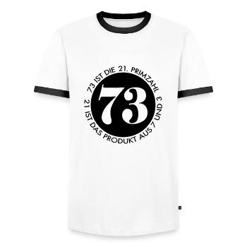 73 Text - Männer Kontrast-T-Shirt - Weiß/Schwarz - Vorne - AI Model Female 172 light (172cm) & AI Model Male 178 dark (178cm)