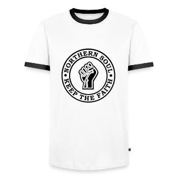 Northern Soul Keep the Faith Disc MBAS - Men's Ringer Shirt - white/black - Front - AI Model Female 172 light (172cm) & AI Model Male 178 dark (178cm)