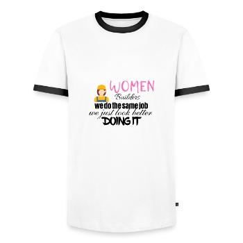 constructeurs femmes semblent mieux faire - T-shirt contrasté Homme - blanc/noir - Devant - AI Model Female 172 light (172cm) & AI Model Male 178 dark (178cm)