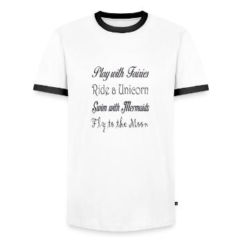 Play with Fairies - Schultertasche aus Recycling M - Männer Kontrast-T-Shirt - Weiß/Schwarz - Vorne - AI Model Female 172 light (172cm) & AI Model Male 178 dark (178cm)