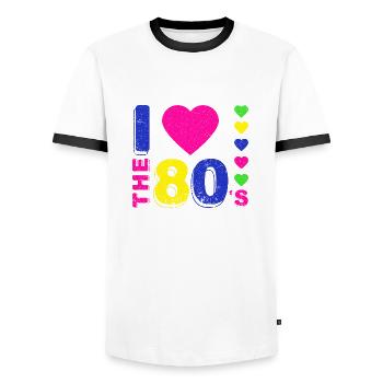 Ich liebe die 80er. 80er Jahre Stil. 80er Jahre Musik - Männer Kontrast-T-Shirt - Weiß/Schwarz - Vorne - AI Model Female 172 light (172cm) & AI Model Male 178 dark (178cm)