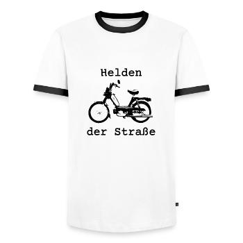 Helden der Straße, Hercules Prima 5, 25 km/h, Mofa - Männer Kontrast-T-Shirt - Weiß/Schwarz - Vorne - AI Model Female 172 light (172cm) & AI Model Male 178 dark (178cm)