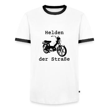Helden der Straße, Kreidler Flory, 25 km/h, Mofa - Männer Kontrast-T-Shirt - Weiß/Schwarz - Vorne - AI Model Female 172 light (172cm) & AI Model Male 178 dark (178cm)