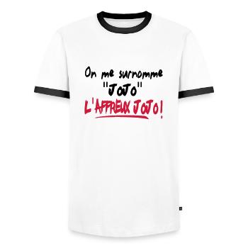 HUMOUR affreux jojo!!! t-shirt,logo,motif,visuel - T-shirt contrasté Homme - blanc/noir - Devant - AI Model Female 172 light (172cm) & AI Model Male 178 dark (178cm)