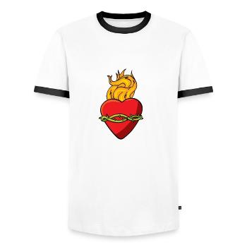 sacredheart3 - Men's Ringer Shirt - white/black - Front - AI Model Female 172 light (172cm) & AI Model Male 178 dark (178cm)