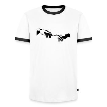 hand - Men's Ringer Shirt - white/black - Front - AI Model Female 172 light (172cm) & AI Model Male 178 dark (178cm)