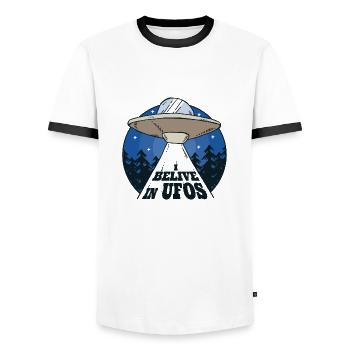 Ufo vaisseau spatial sci fi cadeau dessin animé extraterrestre - T-shirt contrasté Homme - blanc/noir - Devant - AI Model Female 172 light (172cm) & AI Model Male 178 dark (178cm)
