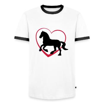 Fresian or Gypsie Cob type Horse with Heart - Men's Ringer Shirt - white/black - Front - AI Model Female 172 light (172cm) & AI Model Male 178 dark (178cm)