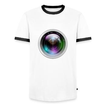 Photo Iris Lens Foto Blende Objektiv - Männer Kontrast-T-Shirt - Weiß/Schwarz - Vorne - AI Model Female 172 light (172cm) & AI Model Male 178 dark (178cm)