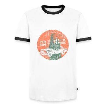 F * ck the plastic Ride the Classic Gift - Men's Ringer Shirt - white/black - Front - AI Model Female 172 light (172cm) & AI Model Male 178 dark (178cm)