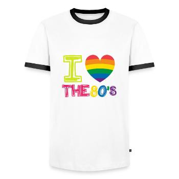 J'aime le cadeau rétro du coeur arc-en-ciel des années 80 - T-shirt contrasté Homme - blanc/noir - Devant - AI Model Female 172 light (172cm) & AI Model Male 178 dark (178cm)