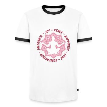 Peace, love, tolerance, relaxation, meditation - Men's Ringer Shirt - white/black - Front - AI Model Female 172 light (172cm) & AI Model Male 178 dark (178cm)