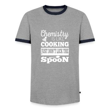 Chemistry is like Cooking just dont lick the Spoon - Men's Ringer Shirt - grey/navy  - Front - AI Model Female 172 light (172cm) & AI Model Male 178 light (178cm)
