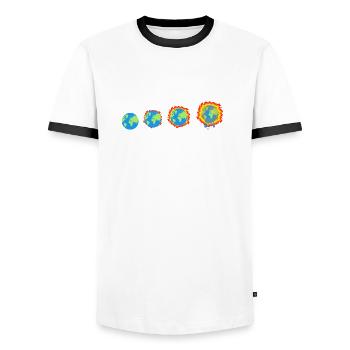 Climate Change Evolution Funny Awareness T-Shirt - Men's Ringer Shirt - white/black - Front - AI Model Female 172 light (172cm) & AI Model Male 178 dark (178cm)