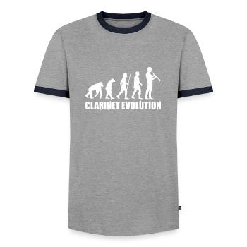 Clarinet Evolution Music T-Shirt - Men's Ringer Shirt - grey/navy  - Front - AI Model Female 172 light (172cm) & AI Model Male 178 light (178cm)