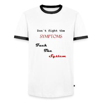 Fuck the system - Men's Ringer Shirt - white/black - Front - AI Model Female 172 light (172cm) & AI Model Male 178 dark (178cm)