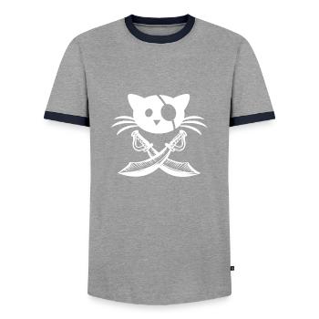 Puss cat pirate eye patch gift - Men's Ringer Shirt - grey/navy  - Front - AI Model Female 172 light (172cm) & AI Model Male 178 light (178cm)