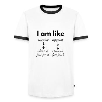 FOOT FETISH - Men's Ringer Shirt - white/black - Front - AI Model Female 172 light (172cm) & AI Model Male 178 dark (178cm)