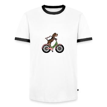 funny dog on bike - Men's Ringer Shirt - white/black - Front - AI Model Female 172 light (172cm) & AI Model Male 178 dark (178cm)