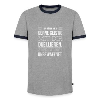 GEISTIG DUELLIEREN ABER UNBEWAFFNET GESCHENKIDEE - Männer Kontrast-T-Shirt - Grau/Navy  - Vorne - AI Model Female 172 light (172cm) & AI Model Male 178 light (178cm)