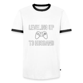 Leveling up to Husband Gift - Men's Ringer Shirt - white/black - Front - AI Model Female 172 light (172cm) & AI Model Male 178 dark (178cm)