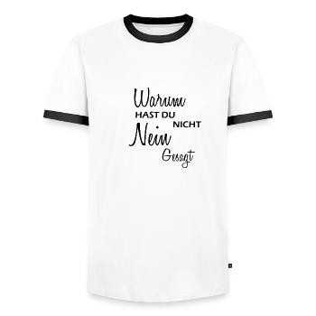 Warum hast du nicht Nein gesagt - Männer Kontrast-T-Shirt - Weiß/Schwarz - Vorne - AI Model Female 172 light (172cm) & AI Model Male 178 dark (178cm)