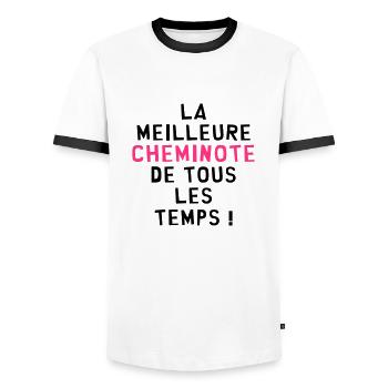 Cheminot / Train / Rail / Transport / SNCF / RATP - T-shirt contrasté Homme - blanc/noir - Devant - AI Model Female 172 light (172cm) & AI Model Male 178 dark (178cm)