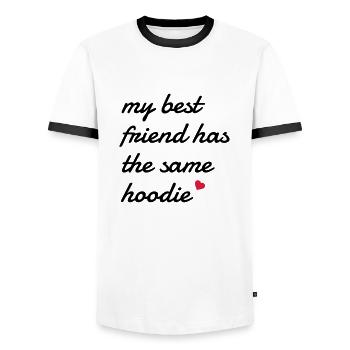 My best friend has the same hoodie - Men's Ringer Shirt - white/black - Front - AI Model Female 172 light (172cm) & AI Model Male 178 dark (178cm)