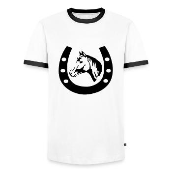 horse in horse shoe - Men's Ringer Shirt - white/black - Front - AI Model Female 172 light (172cm) & AI Model Male 178 dark (178cm)