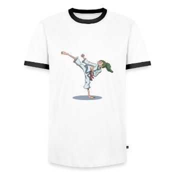Karate Fuß Kick über Kopf - Männer Kontrast-T-Shirt - Weiß/Schwarz - Vorne - AI Model Female 172 light (172cm) & AI Model Male 178 dark (178cm)