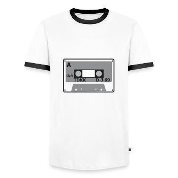 Cassette tape icon TDK in grey - Men's Ringer Shirt - white/black - Front - AI Model Female 172 light (172cm) & AI Model Male 178 dark (178cm)