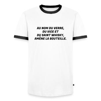 Alcool / Humour / Alcoolo / Alcolo / Apéro / Fête - T-shirt contrasté Homme - blanc/noir - Devant - AI Model Female 172 light (172cm) & AI Model Male 178 dark (178cm)