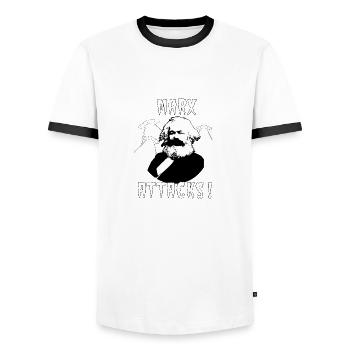 MARX ATTACKS! - Men's Ringer Shirt - white/black - Front - AI Model Female 172 light (172cm) & AI Model Male 178 dark (178cm)
