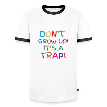 Don't grow up! its a trap! - Men's Ringer Shirt - white/black - Front - AI Model Female 172 light (172cm) & AI Model Male 178 dark (178cm)