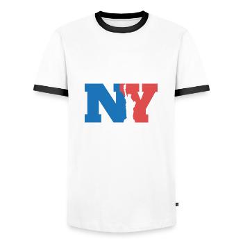 City NY New York Statue of Liberty Gift Idea - Men's Ringer Shirt - white/black - Front - AI Model Female 172 light (172cm) & AI Model Male 178 dark (178cm)