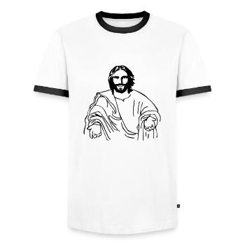 jesus - Men's Ringer Shirt - white/black - Front - AI Model Female 172 light (172cm) & AI Model Male 178 dark (178cm)