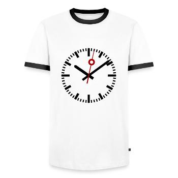 UHR - BAHNHOFSUHR - TICK TACK - CLOCK - Männer Kontrast-T-Shirt - Weiß/Schwarz - Vorne - AI Model Female 172 light (172cm) & AI Model Male 178 dark (178cm)