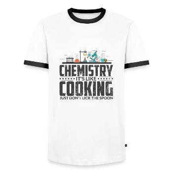 Chemiker der im Labor forscht - Männer Kontrast-T-Shirt - Weiß/Schwarz - Vorne - AI Model Female 172 light (172cm) & AI Model Male 178 dark (178cm)