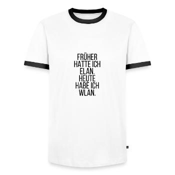 Früher hatte ich Elan. Heute habe ich Wlan. - Männer Kontrast-T-Shirt - Weiß/Schwarz - Vorne - AI Model Female 172 light (172cm) & AI Model Male 178 dark (178cm)