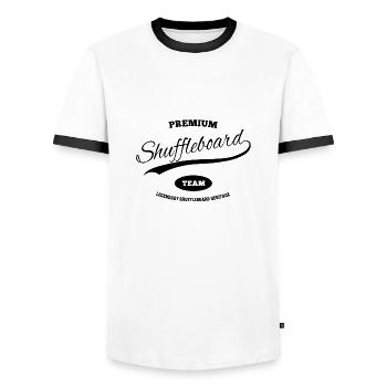 Premium Shuffleboard Team - Männer Kontrast-T-Shirt - Weiß/Schwarz - Vorne - AI Model Female 172 light (172cm) & AI Model Male 178 dark (178cm)