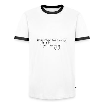 My rap name is lil hungry - Men's Ringer Shirt - white/black - Front - AI Model Female 172 light (172cm) & AI Model Male 178 dark (178cm)