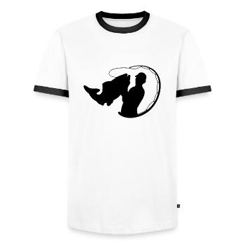 Fisherman with fishing rod and fish - Men's Ringer Shirt - white/black - Front - AI Model Female 172 light (172cm) & AI Model Male 178 dark (178cm)