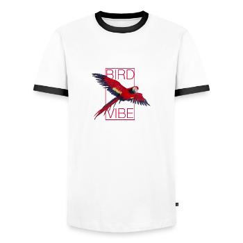 Red Parrot - BIRD VIBE - Men's Ringer Shirt - white/black - Front - AI Model Female 172 light (172cm) & AI Model Male 178 dark (178cm)