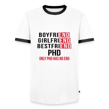 Phd has no end degree saying gift - Men's Ringer Shirt - white/black - Front - AI Model Female 172 light (172cm) & AI Model Male 178 dark (178cm)