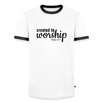 Created To Worship - Christian - Men's Ringer Shirt - white/black - Front - AI Model Female 172 light (172cm) & AI Model Male 178 dark (178cm)