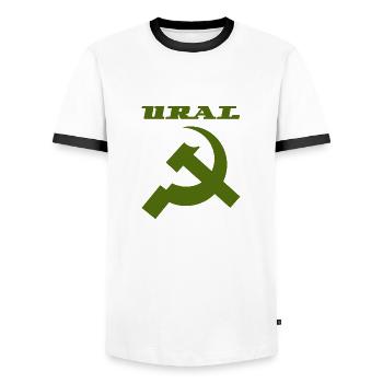 Ural Dnepr USSR Motorrad - Männer Kontrast-T-Shirt - Weiß/Schwarz - Vorne - AI Model Female 172 light (172cm) & AI Model Male 178 dark (178cm)