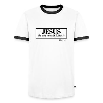 Johannes 14: 6 Bibelvers Jesus ist der Weg, auf dem die Wahrheit lebt - Männer Kontrast-T-Shirt - Weiß/Schwarz - Vorne - AI Model Female 172 light (172cm) & AI Model Male 178 dark (178cm)