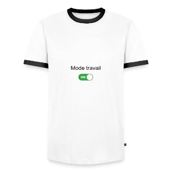 Mode of work on - Men's Ringer Shirt - white/black - Front - AI Model Female 172 light (172cm) & AI Model Male 178 dark (178cm)