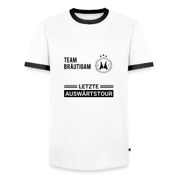 Letzte Auswärtstour | Team Bräutigam | JGA - Männer Kontrast-T-Shirt - Weiß/Schwarz - Vorne - AI Model Female 172 light (172cm) & AI Model Male 178 dark (178cm)
