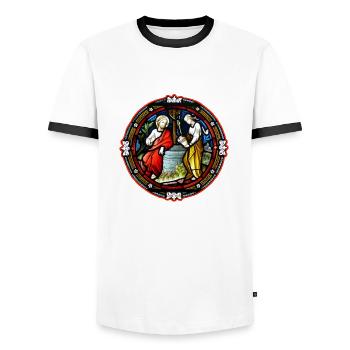 kirchenfenster heiliger am brunnen - Männer Kontrast-T-Shirt - Weiß/Schwarz - Vorne - AI Model Female 172 light (172cm) & AI Model Male 178 dark (178cm)